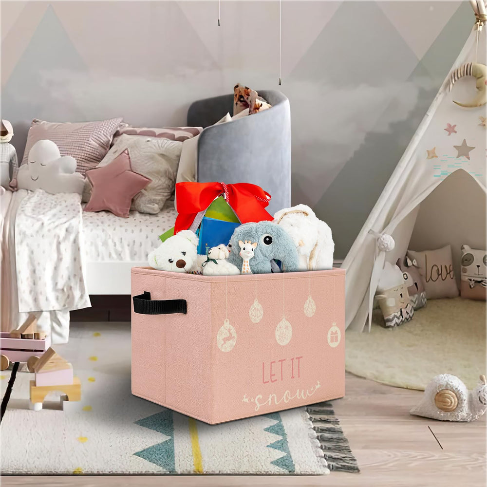 Elefeltclave pink Christmas storage bin open ready for quick toy or book access.