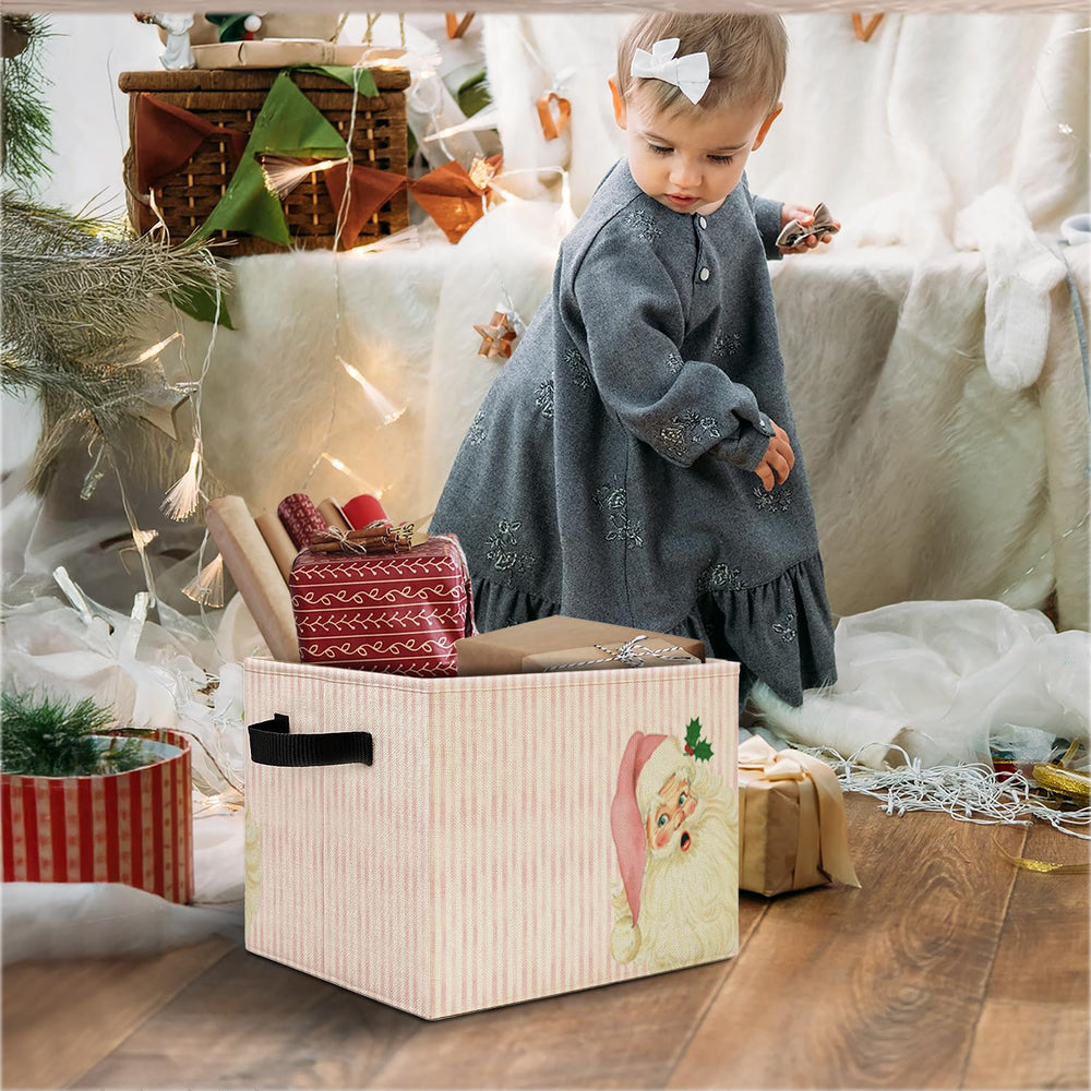 Elefeltclave Pink Santa storage bin in closet neatly fits on shelves for easy access.