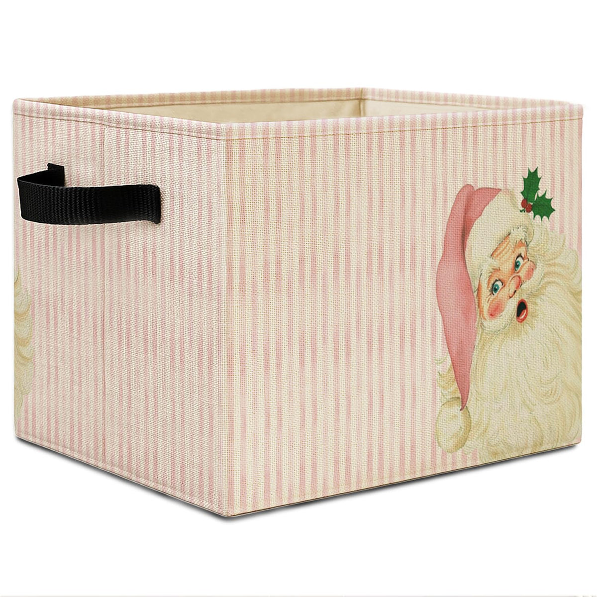 Elefeltclave Pink Santa storage bin folded flat offers space-saving closet storage.