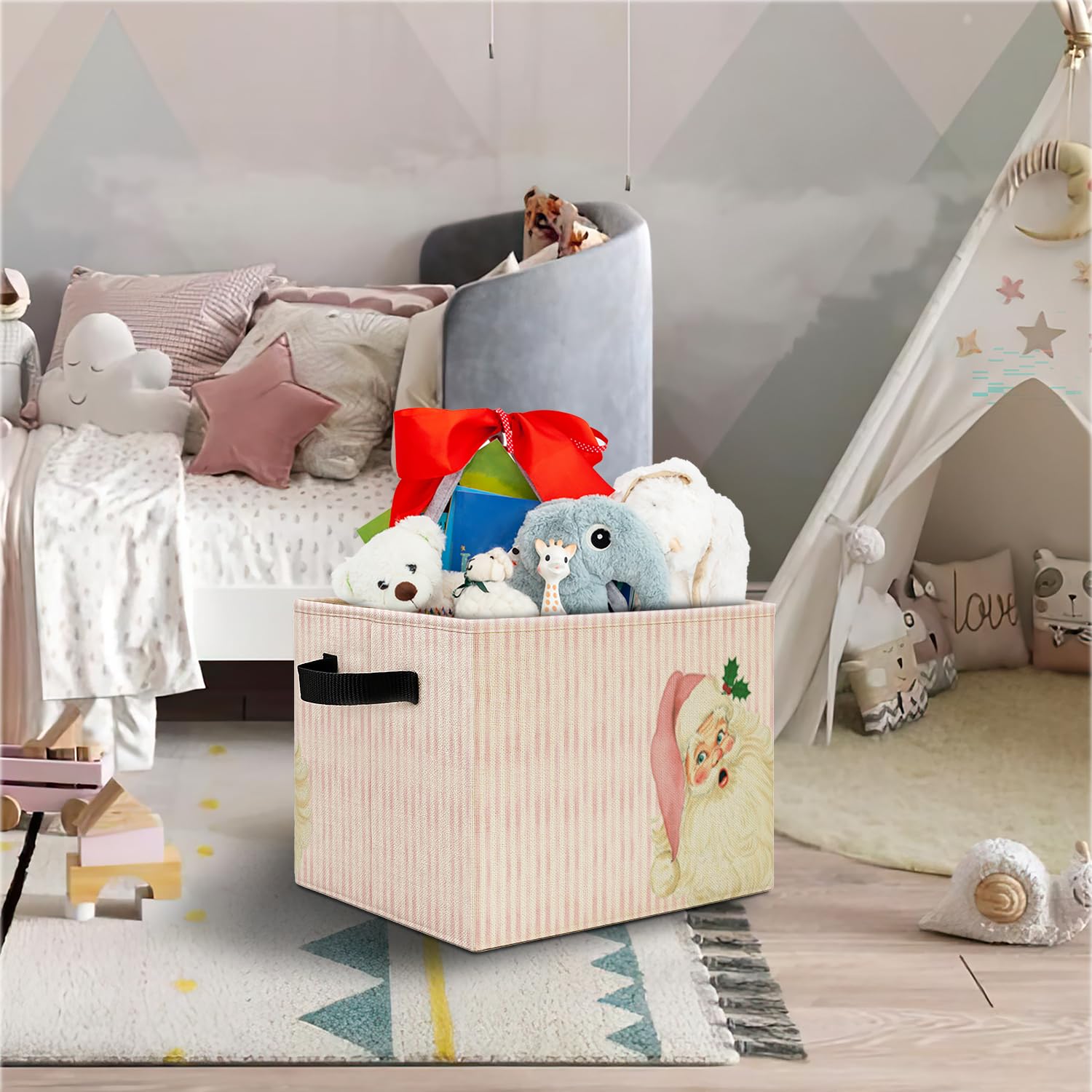 Elefeltclave Pink Santa storage bin upright demonstrates sturdy organizing for toys and books.