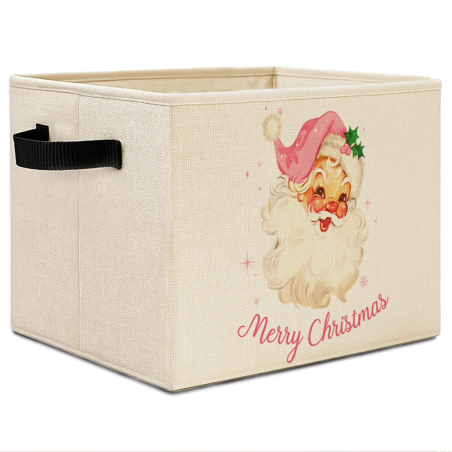 Elefeltclave Pink Santa storage bin folded demonstrates space saving for shelves.