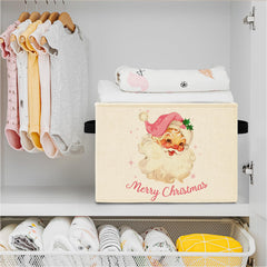 Elefeltclave Pink Santa storage bin in bedroom keeps toys tidy.
