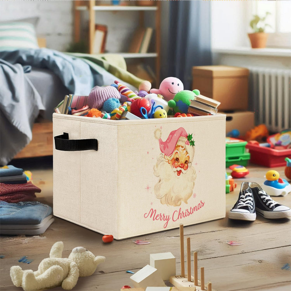 Elefeltclave Pink Santa storage bin with contents shows organized toys and books.