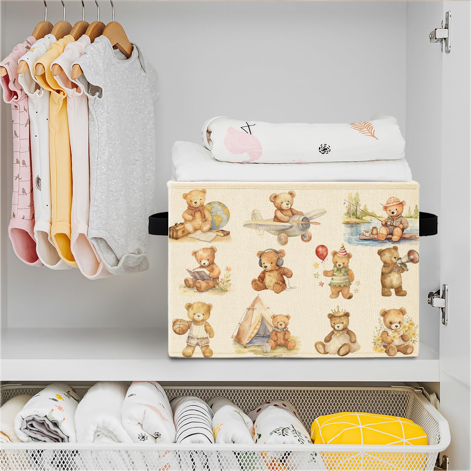 Elefeltclave Teddy Bear Sports Bin in a closet with shelves.