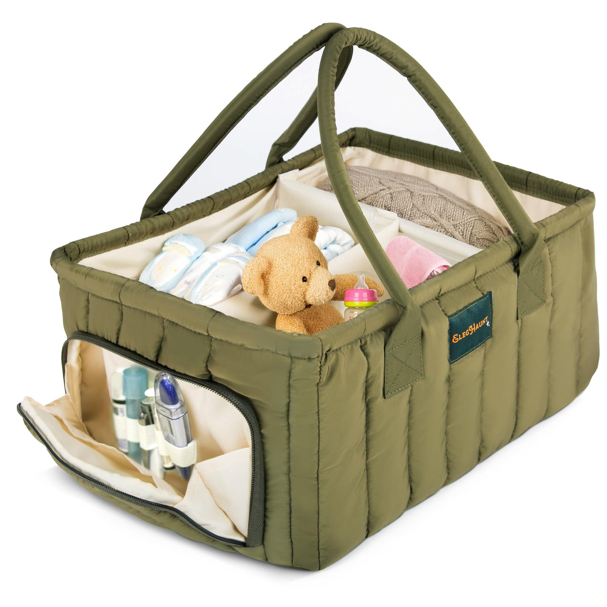 Eleghaunt large diaper caddy organizer with handle front view for easy reach.
