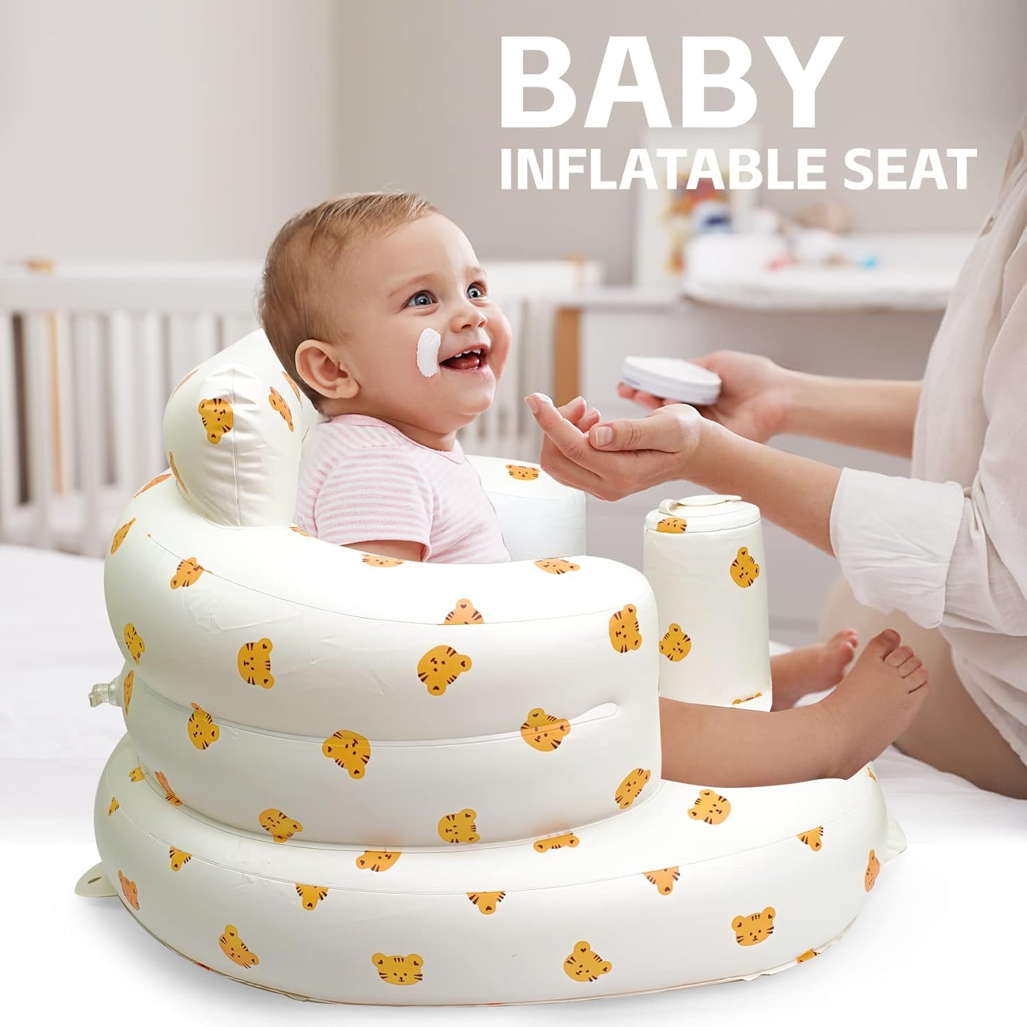 Elemensis inflatable baby seat built-in air pump enables quick, portable setup