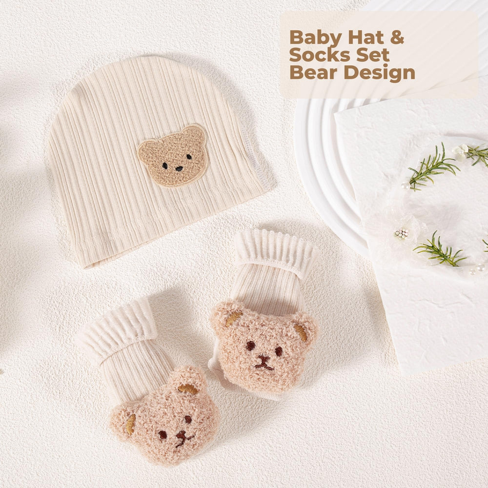 ELEMENU baby bear hat and socks set, breathable fabrics for cozy daily wear