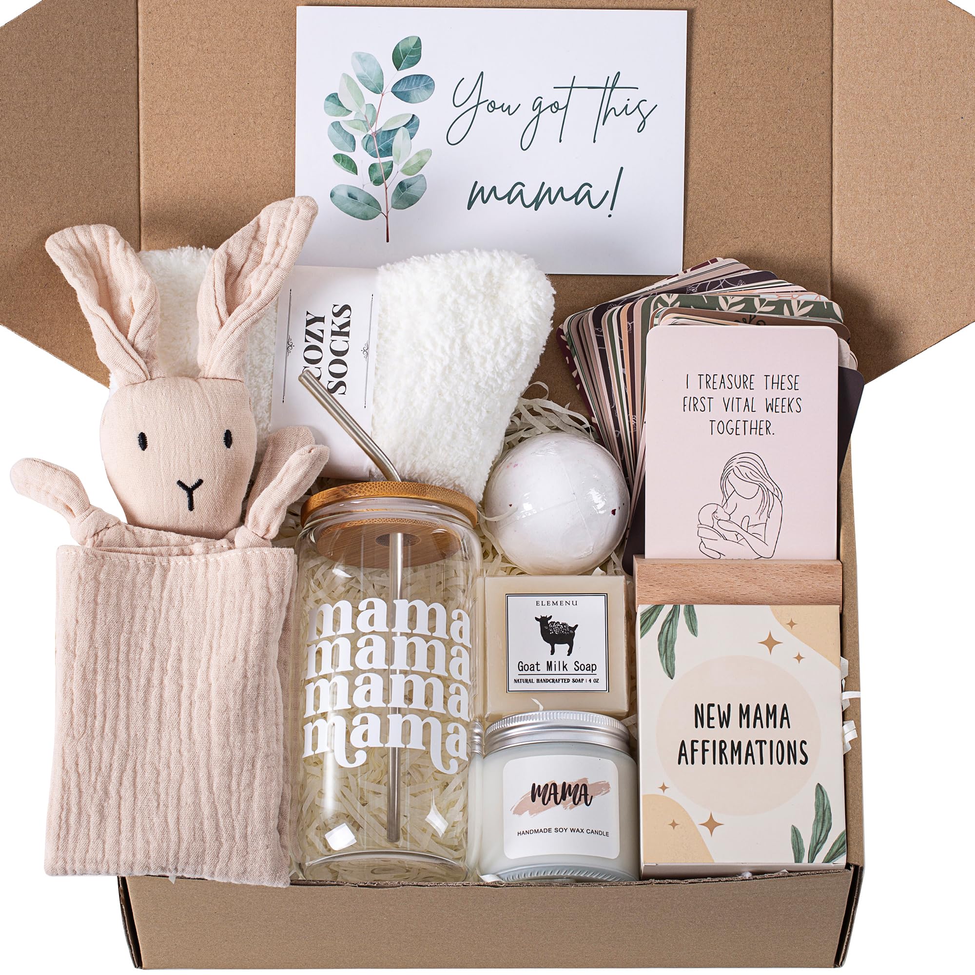 ELEMENU new mom care package glass cup in focus, ideal for hydrating during daily feedings