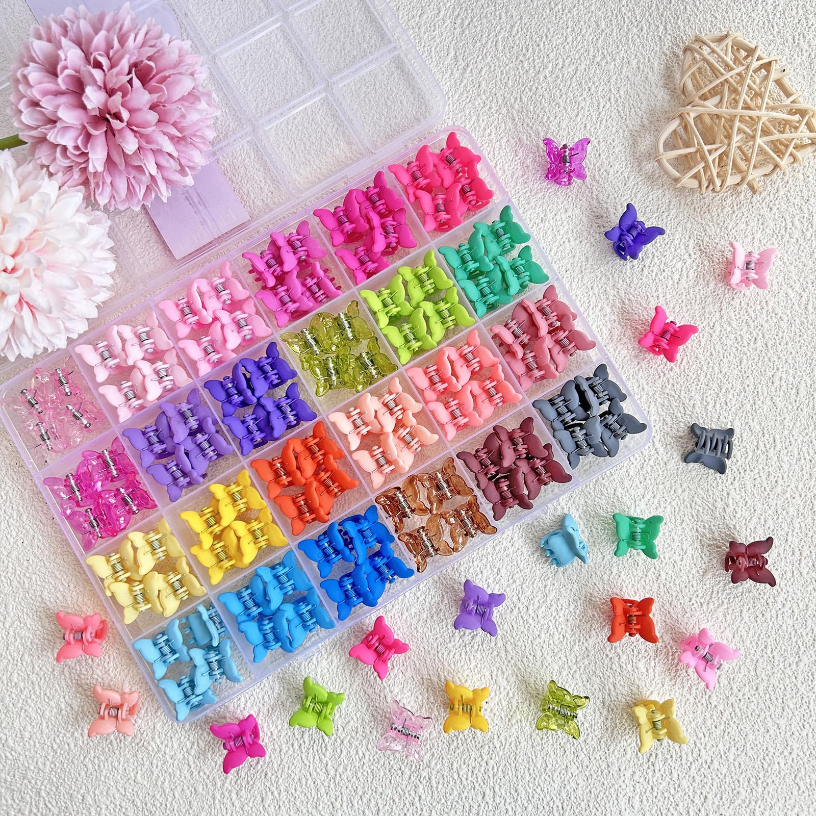 Elemirsa 24 colors mini butterfly clips shows vibrant hues for coordinating outfits.