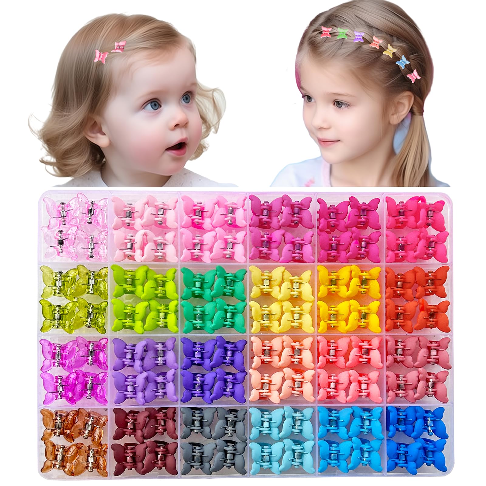 Elemirsa 96pcs baby girl hair clips in an organizer box for easy storage.