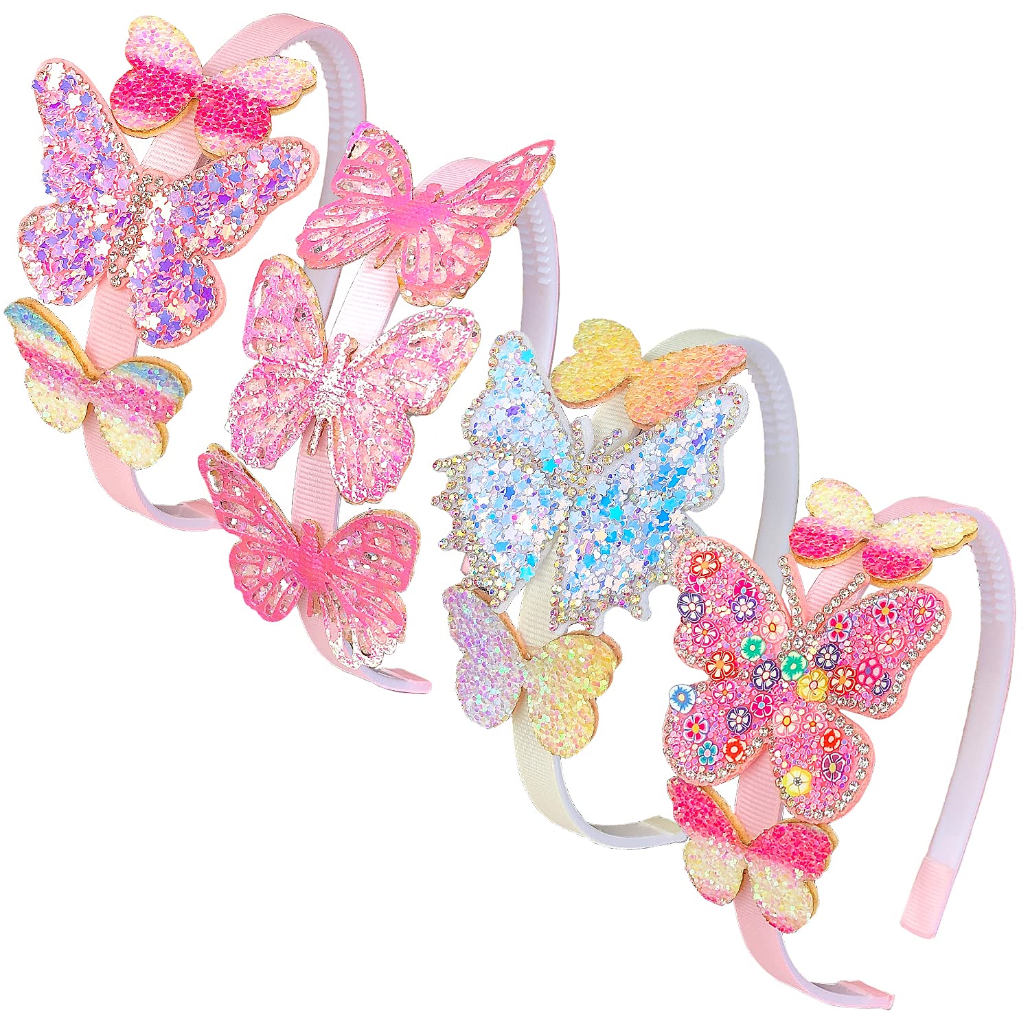 Elemirsa butterfly hoops and headbands close-up showing sparkling details for kids' party wear.