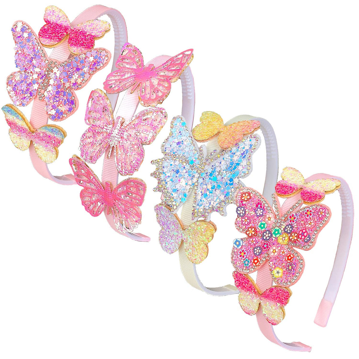 Elemirsa butterfly hoops and headbands close-up showing sparkling details for kids' party wear.