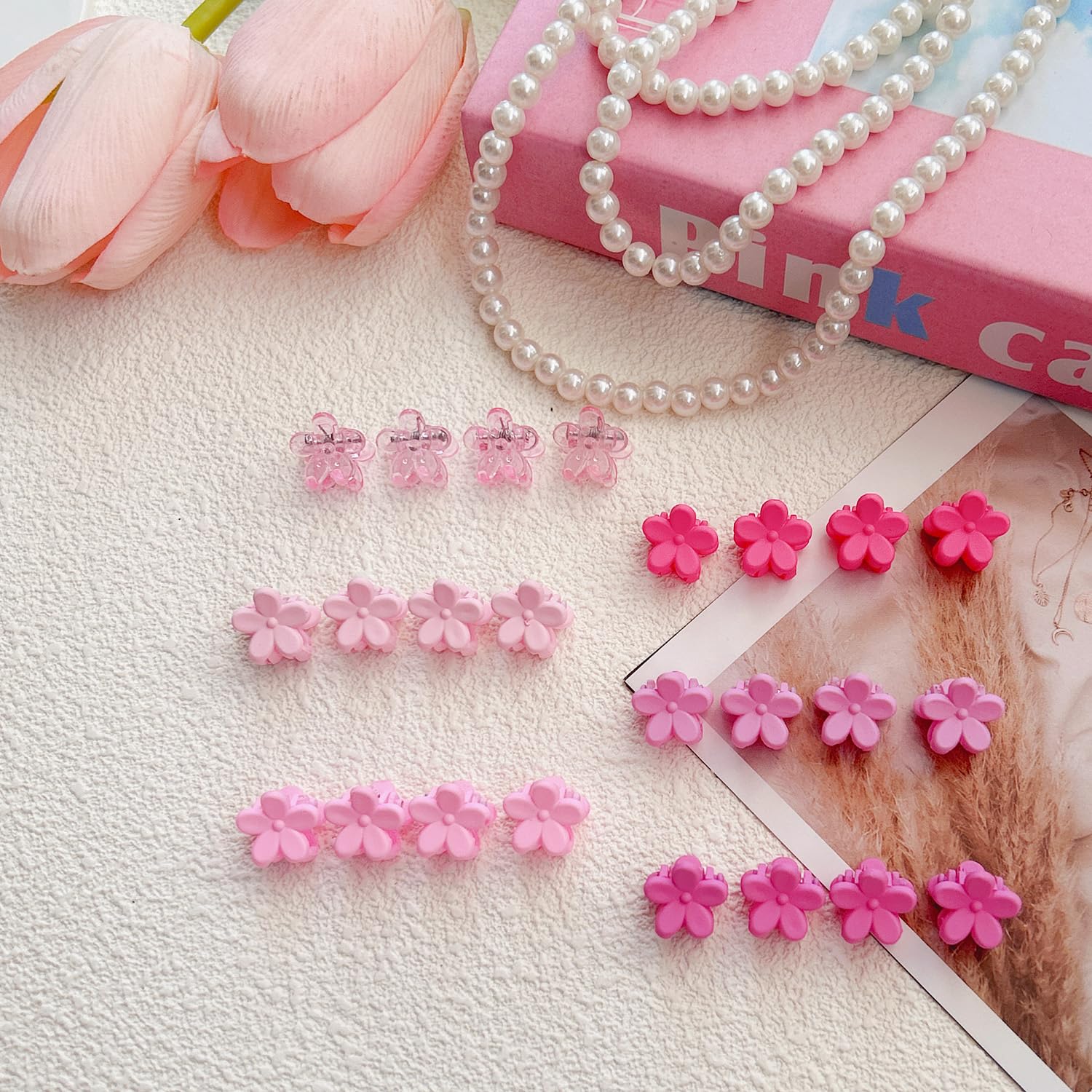 EleMirsa flower clips in organizer box showcased for versatile color outfits.