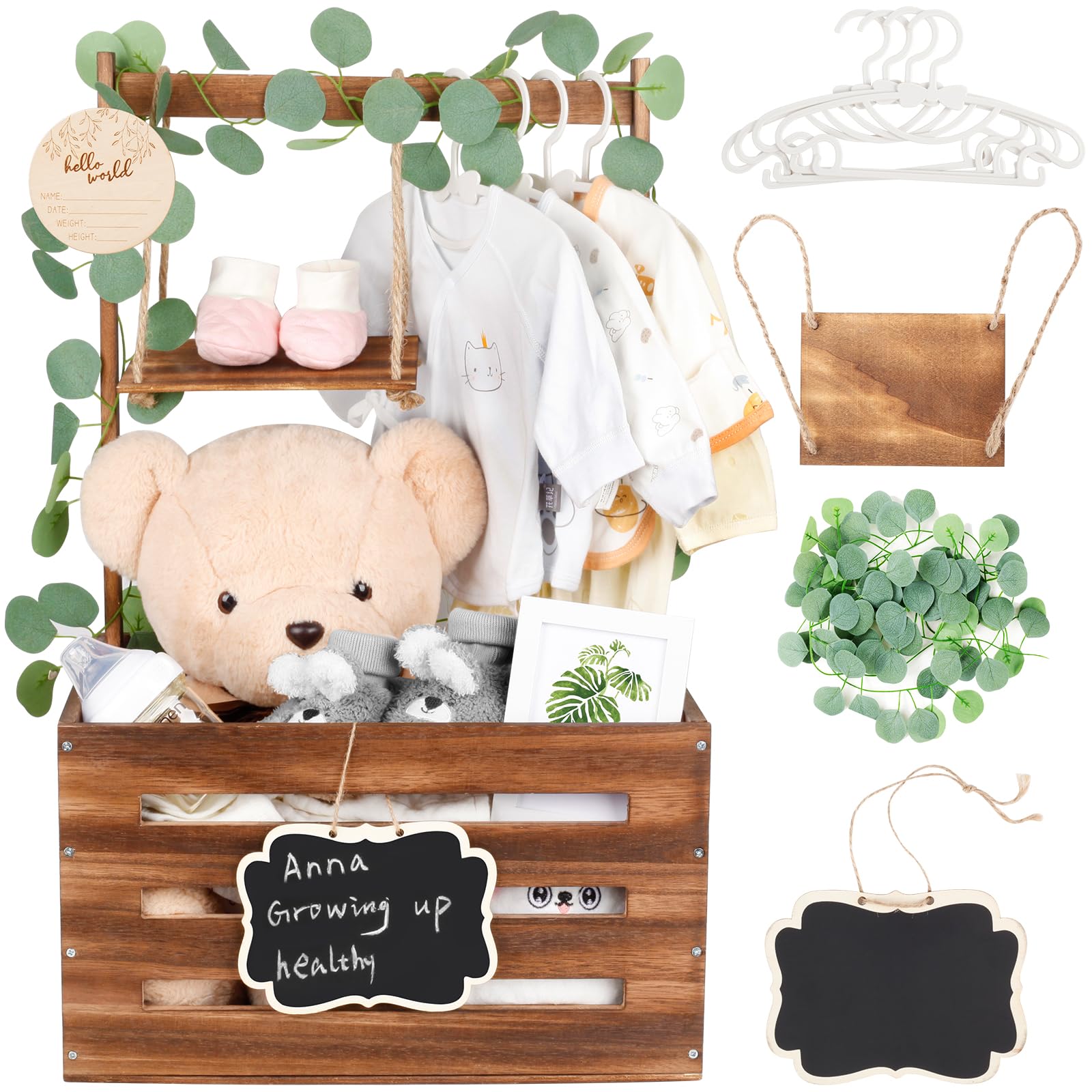 ELESTONE wooden baby shower crate closet with handle and garland for organized nursery storage