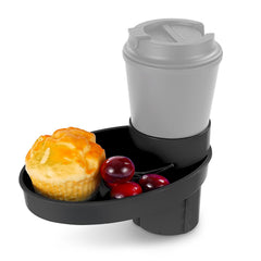 Elfzone car seat tray demonstrates secure cupholder fit for on-the-go snacks.
