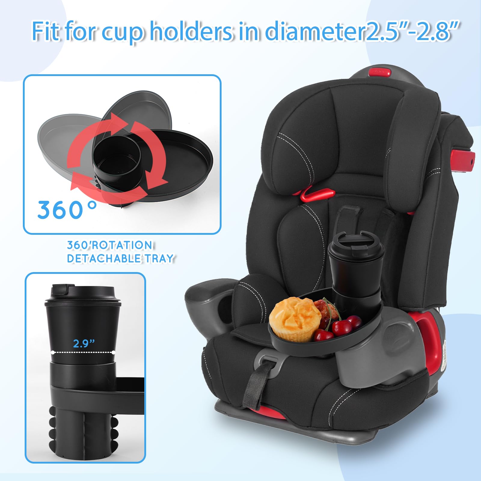 Elfzone car seat tray easy-install into cupholders in seconds.