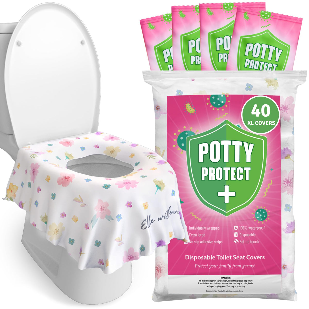 Eli with Love 40 Extra Large Toilet Seat Covers packaging front for travel convenience.
