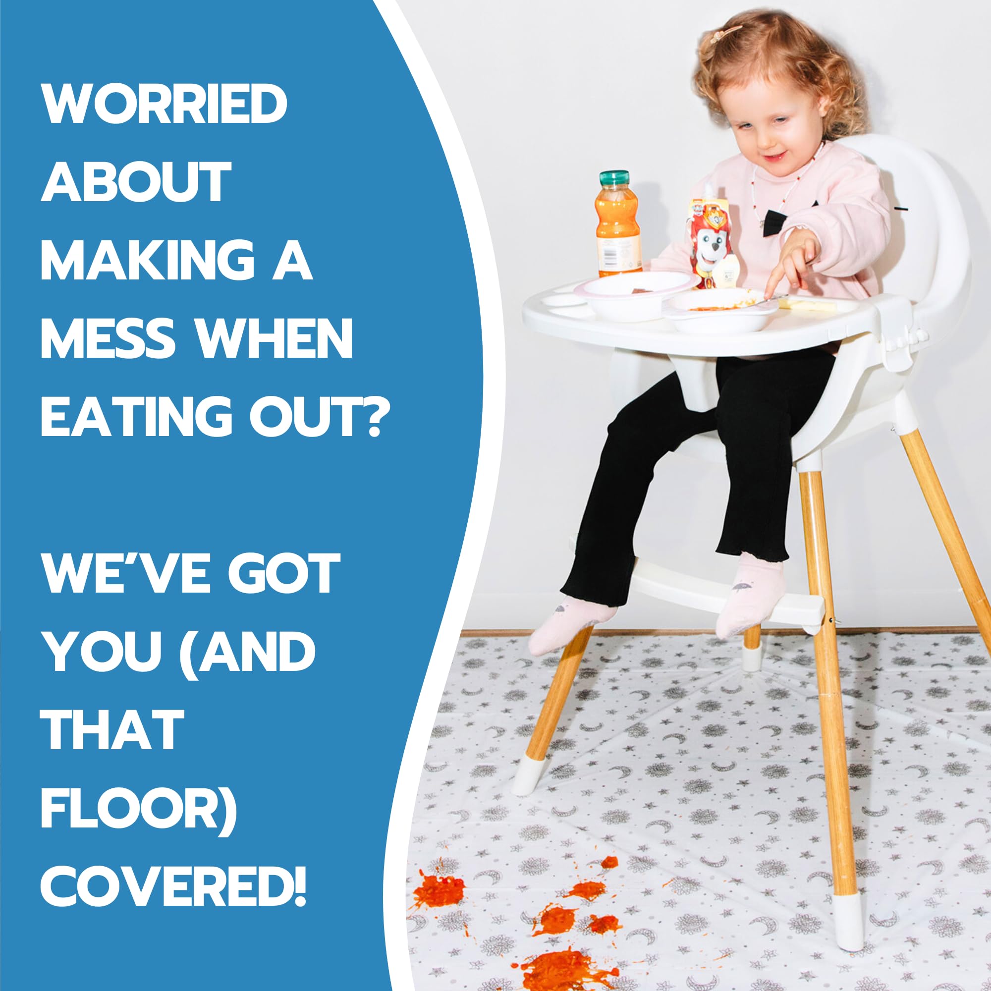 Eli with Love extra-large 49x49 mat covers more floor area for messier meals.