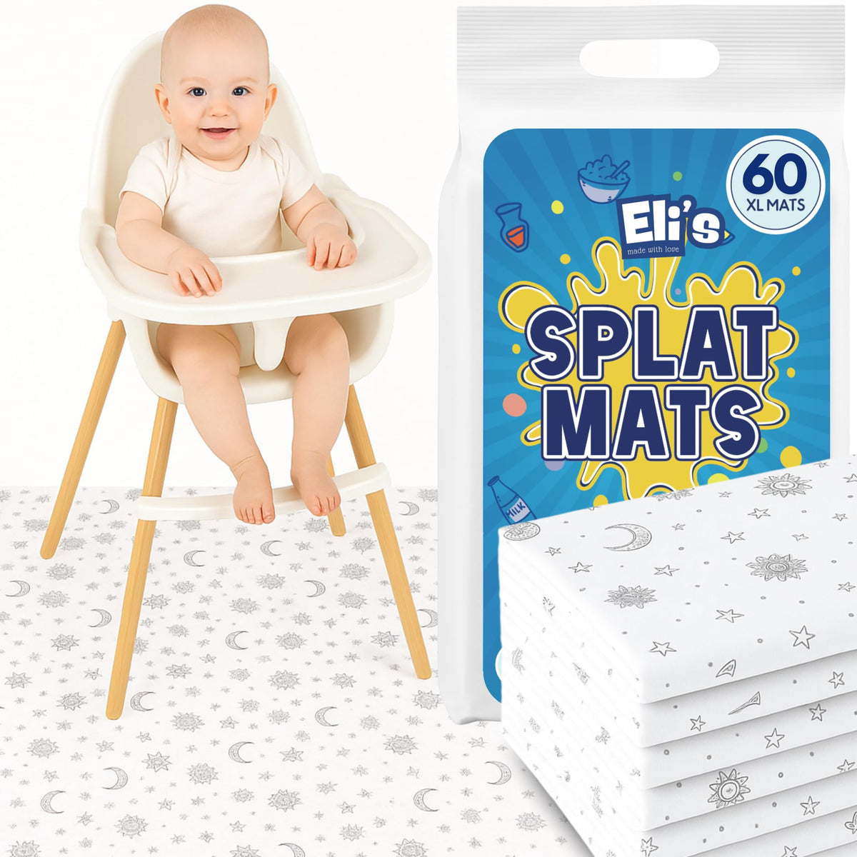 Eli with Love moon-stars 60-pack mat protects floors during spills on the go.