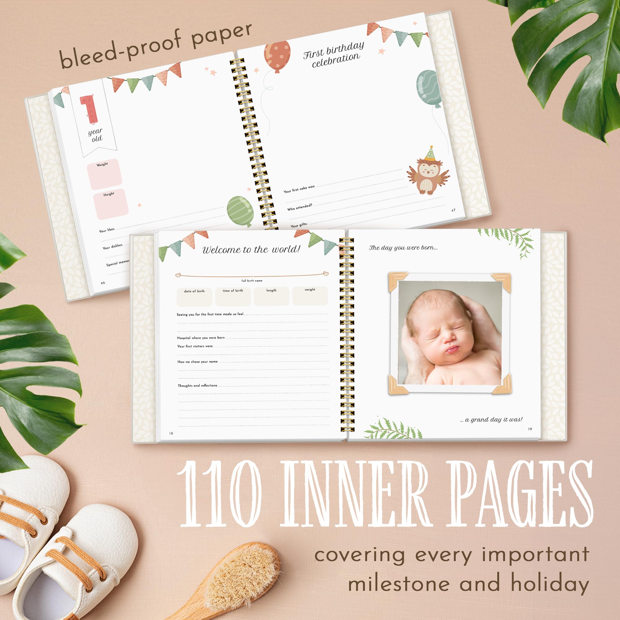 Eliz Sky memory book features 110 full-color inner pages for milestones and photos.