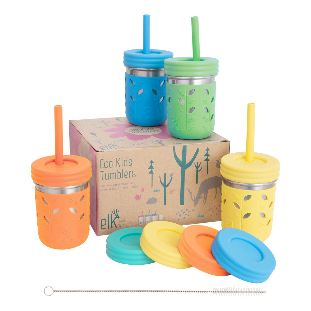 Elk and Friends 10oz kids cups with sleeve and lid, durable on-the-go sipping.