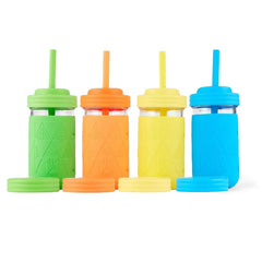 Elk and Friends 12oz kids glass jar with sleeve for easy, confident gripping.