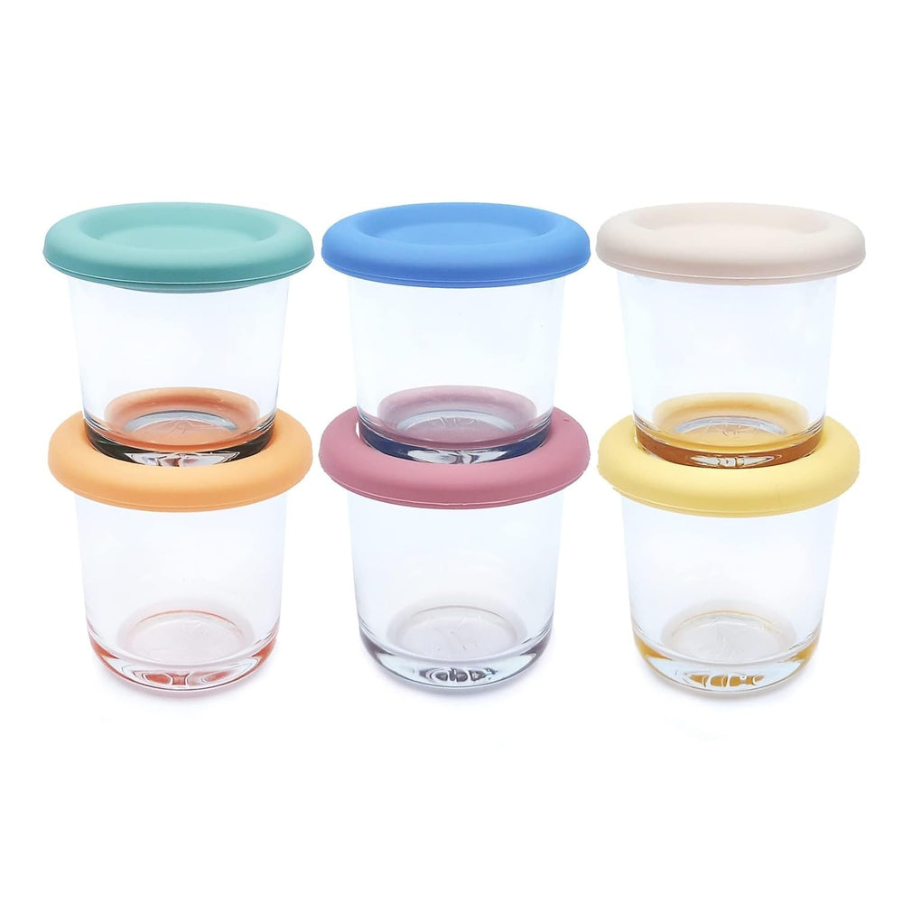 Elk and Friends 4oz borosilicate glass baby food jars in use, durable storage for meals.