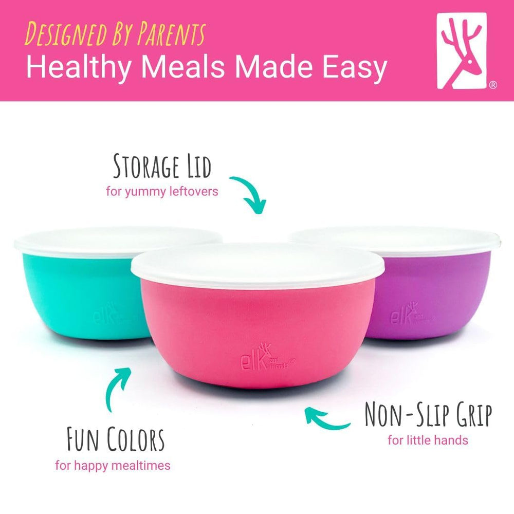 Elk and Friends dishwasher-safe bowls simplify cleaning after busy mealtimes.