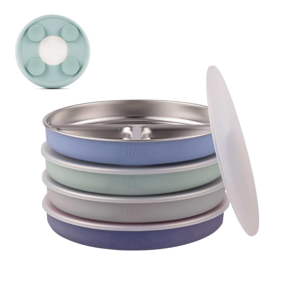 Elk and Friends divided plate silicone-sleeve on-table view reduces spills during meals