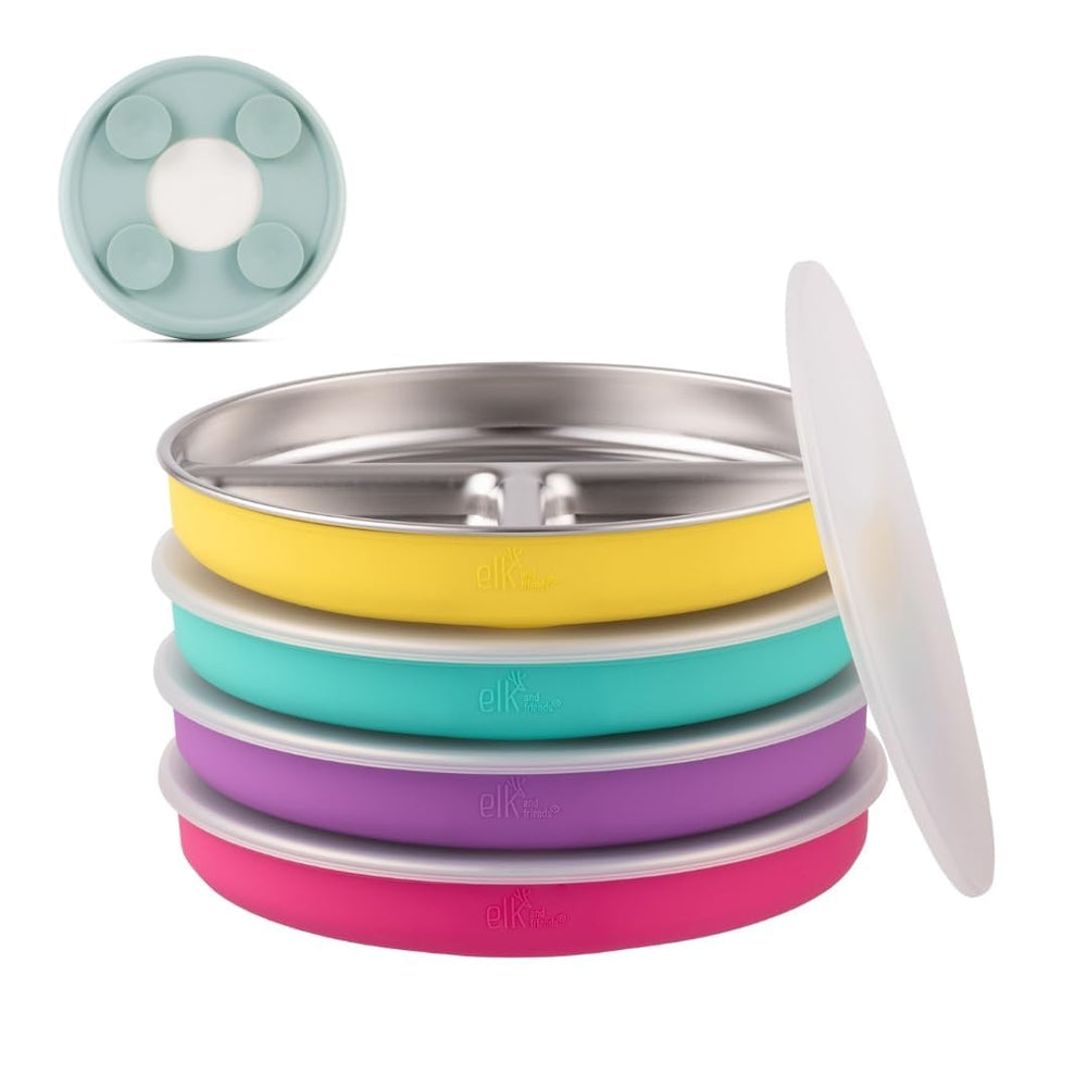 Elk and Friends divided plate with suction base keeps meals tidy during munching.