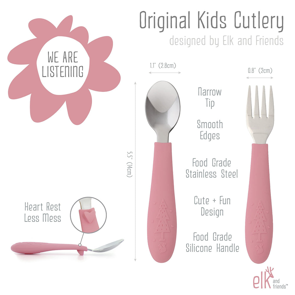 Elk and Friends ergonomic baby utensils close-up with non-slip grip