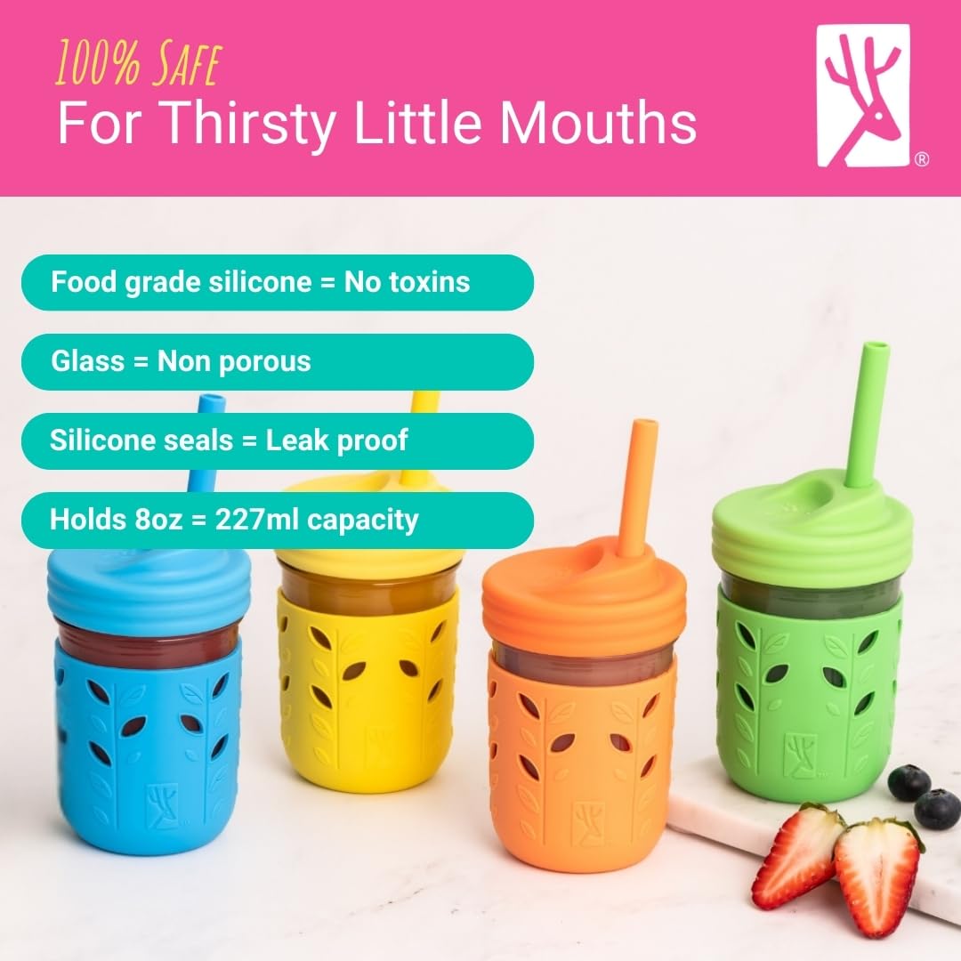 Elk and Friends glass jar with two lids offers drinking and storage versatility.