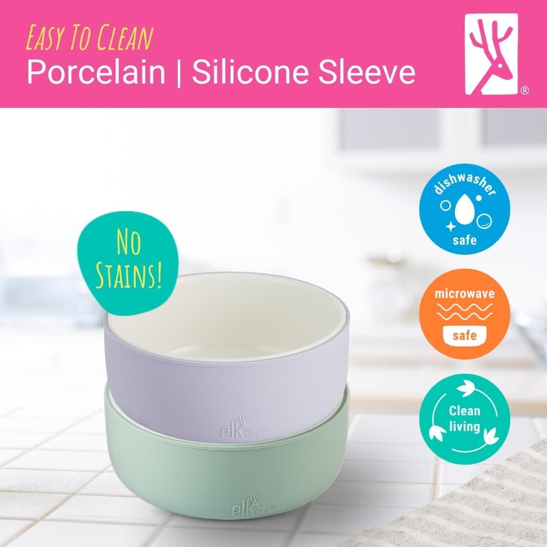 Elk and Friends kid bowls with durable silicone sleeve for everyday use.