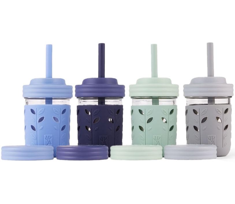 Elk and Friends kids glass jar with sleeve shows durable on-the-go hydration.