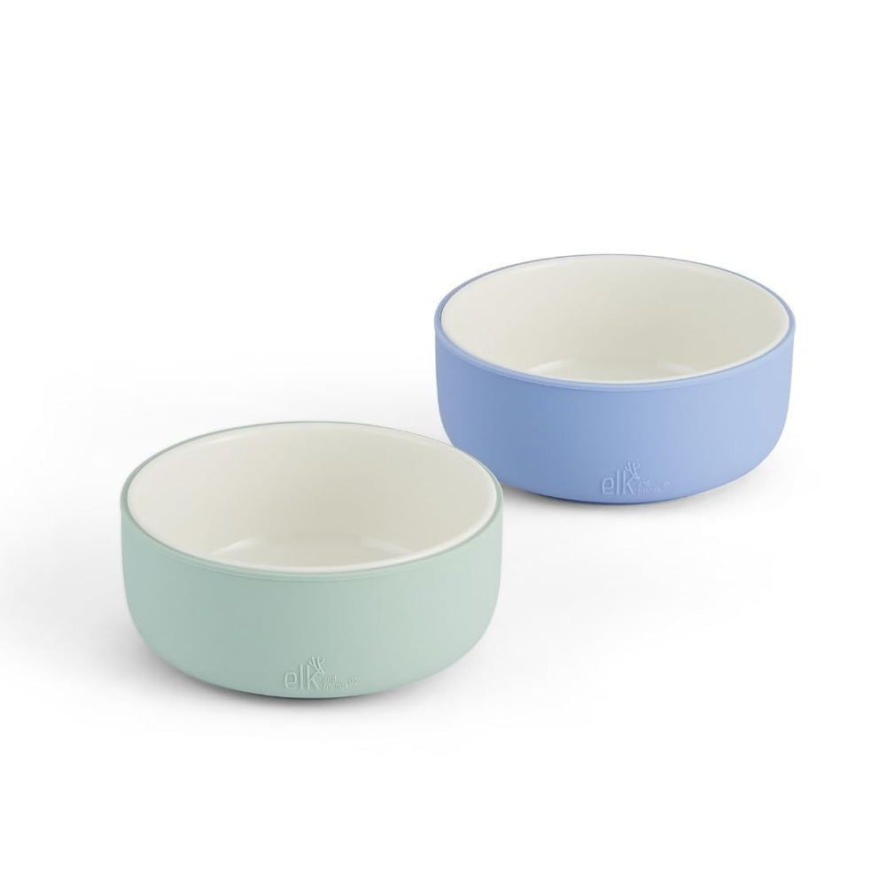 Elk and Friends porcelain bowl with silicone sleeve, outer view, slip-resistant for tidy mealtimes.