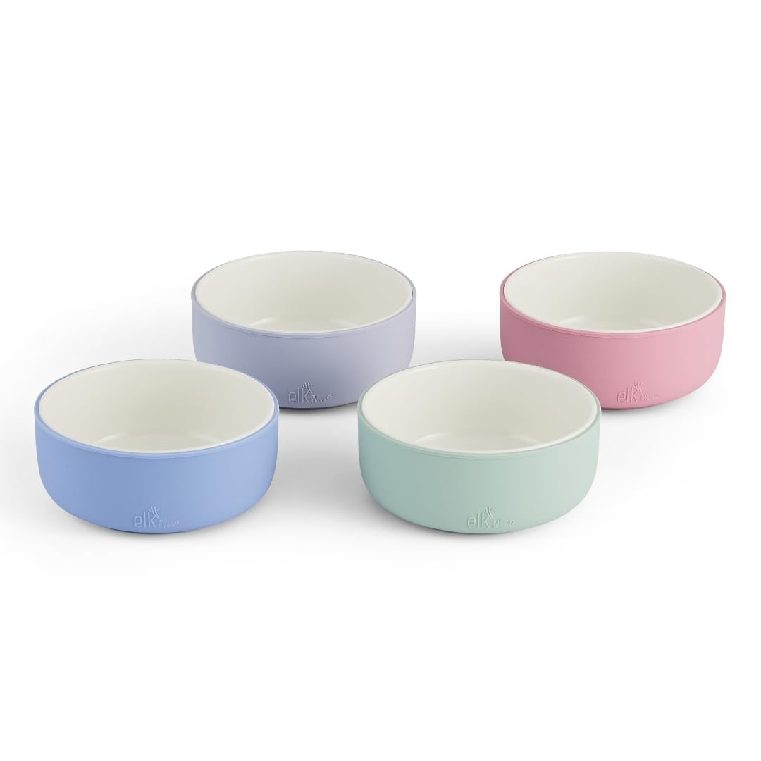 Elk and Friends kids porcelain bowls with silicone sleeve set of four for mess-free meals.