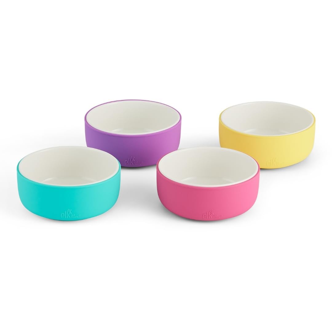Elk and Friends porcelain bowls set with silicone sleeve closeup showing non-slip design for meals