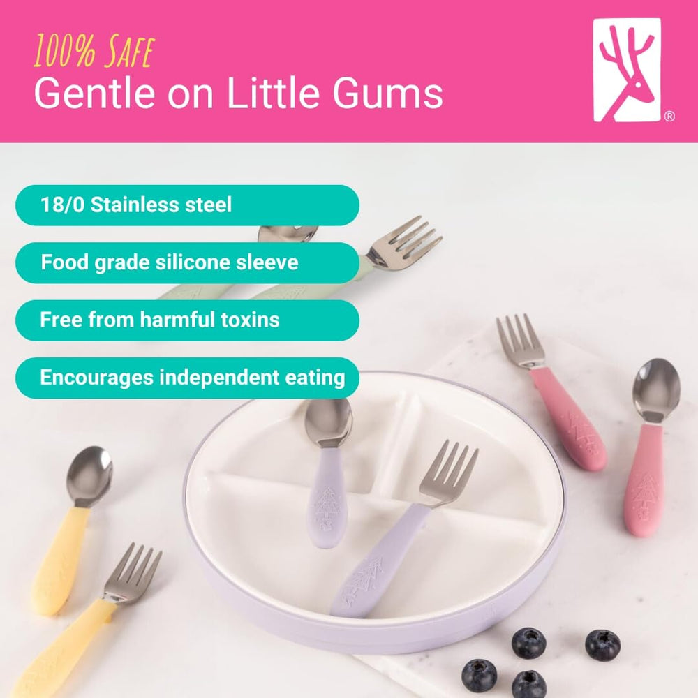 Elk and Friends silicone-handle grip supports tiny hands during meals