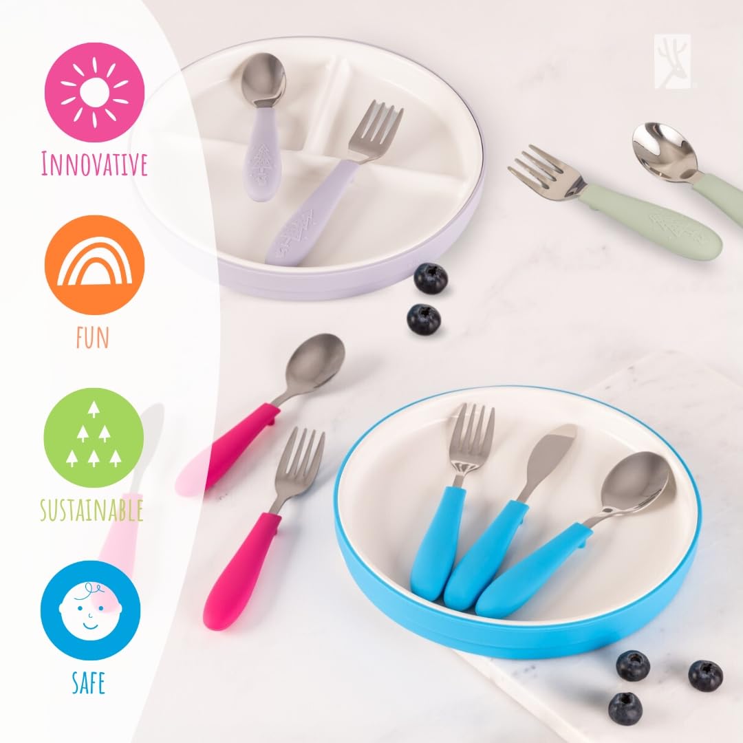 Elk and Friends spoon with heart rest closeup, tip guard helps keep meals tidy.