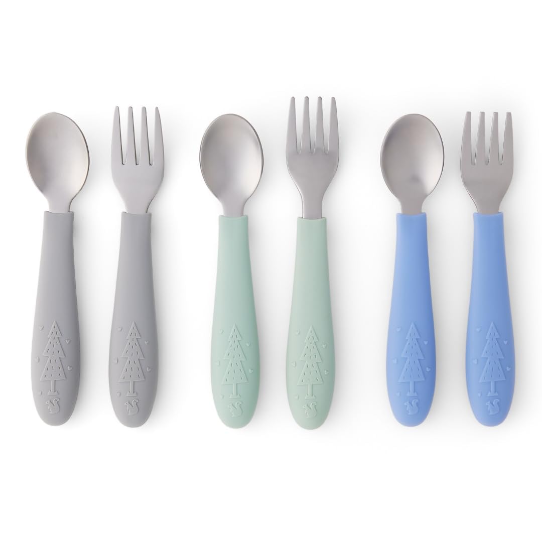 Elk and Friends kids silverware set with silicone handle, easy-to-grip for tiny hands during meals.