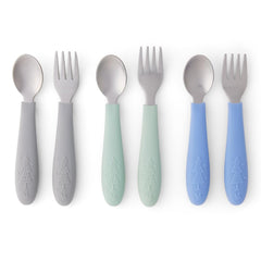 Elk and Friends kids silverware set with silicone handle, easy-to-grip for tiny hands during meals.