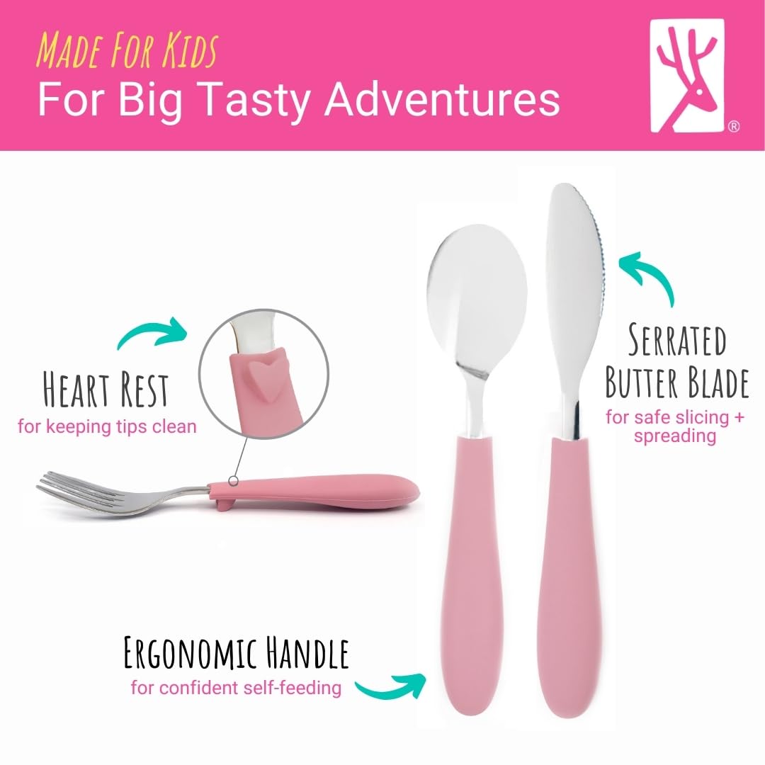 Elk and Friends silicone-handle closeup, ergonomic anti-slip grip supports confident meals.
