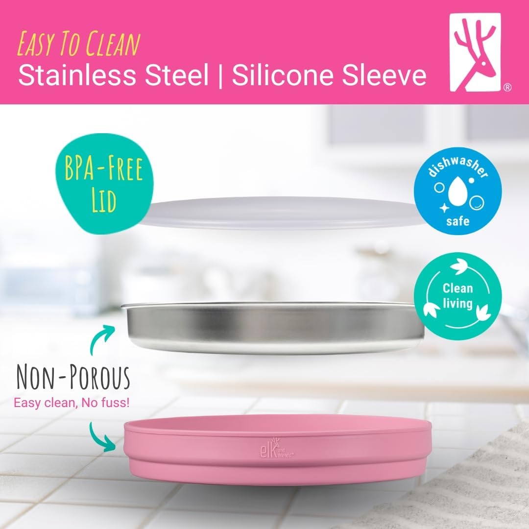 Elk and Friends four-pack with sleeves supports mess-free meals for toddlers.