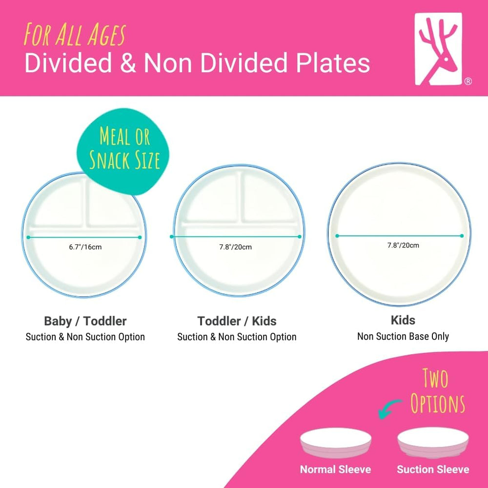 Elk and Friends silicone sleeve grips plate for steady meals.