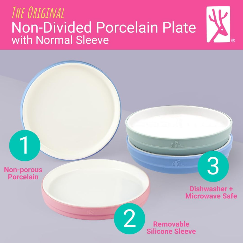 Elk and Friends silicone sleeve on plate improves grip during snack time