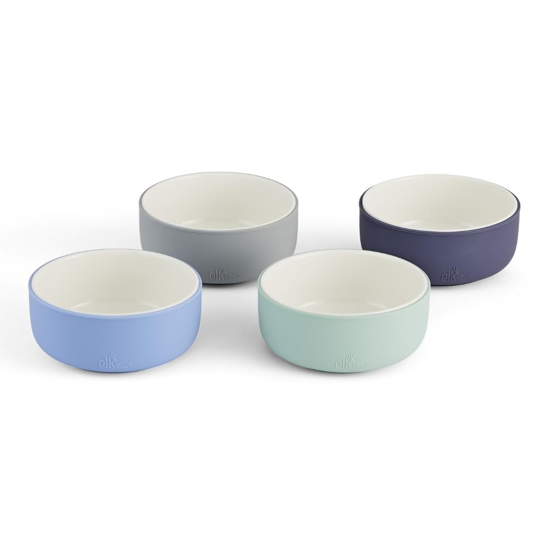 Elk and Friends porcelain bowls with silicone sleeve set of four for family meals.