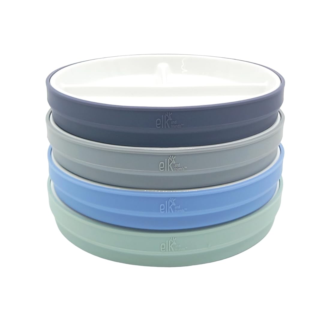 Elk and Friends porcelain plate with silicone sleeve enables steady self-feeding.