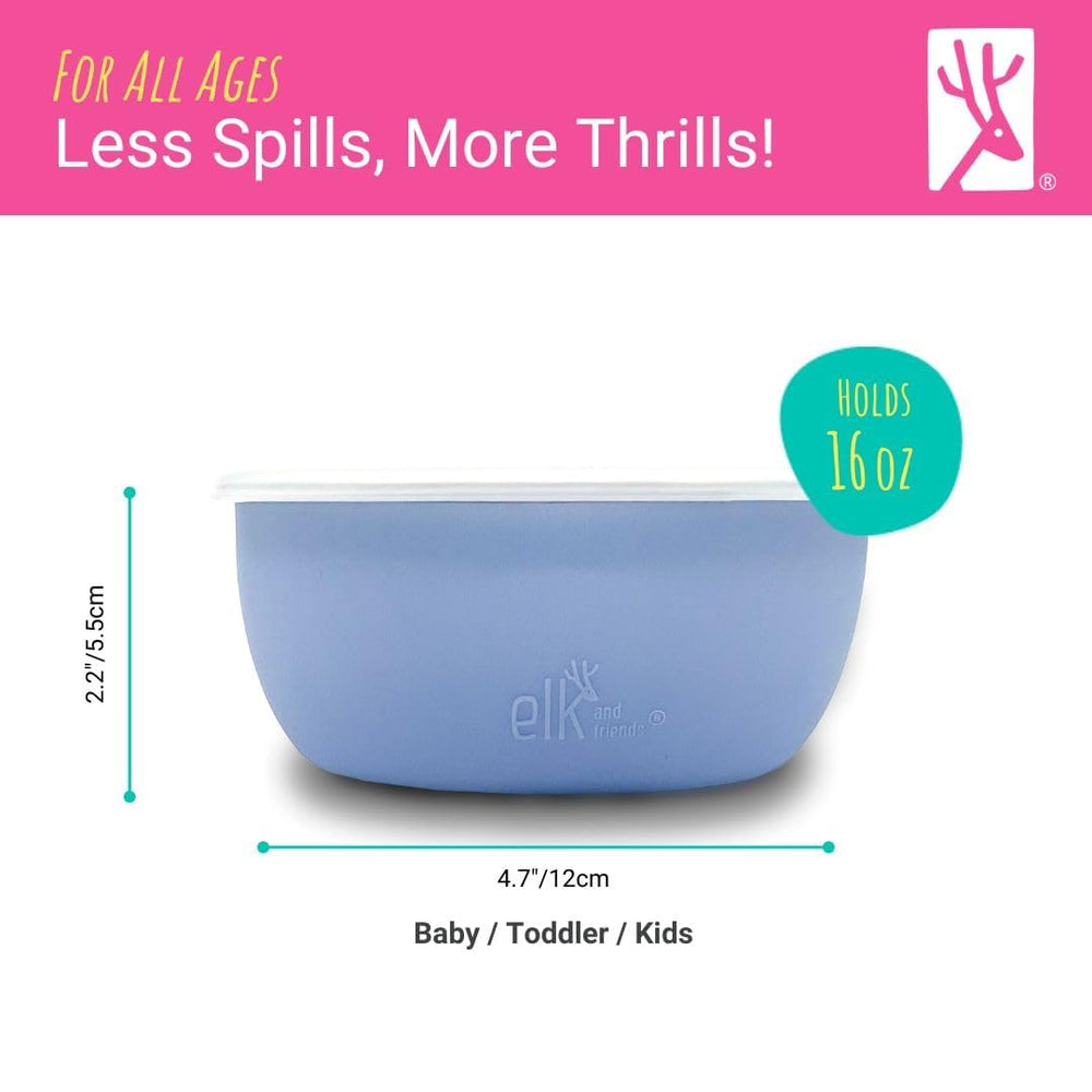 Elk and Friends self-feeding-friendly bowls support little hands during scooping.