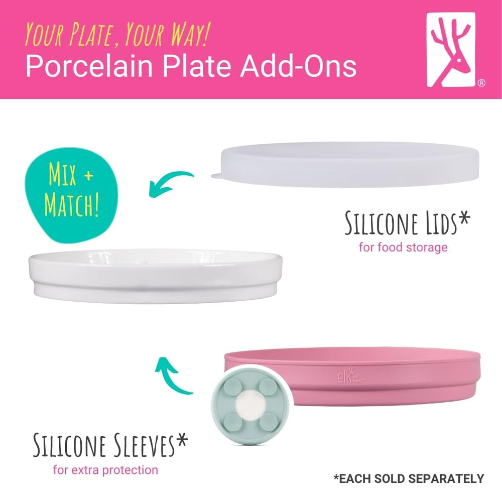 Elk and Friends self-feeding high-wall porcelain plate supports toddlers during meals.