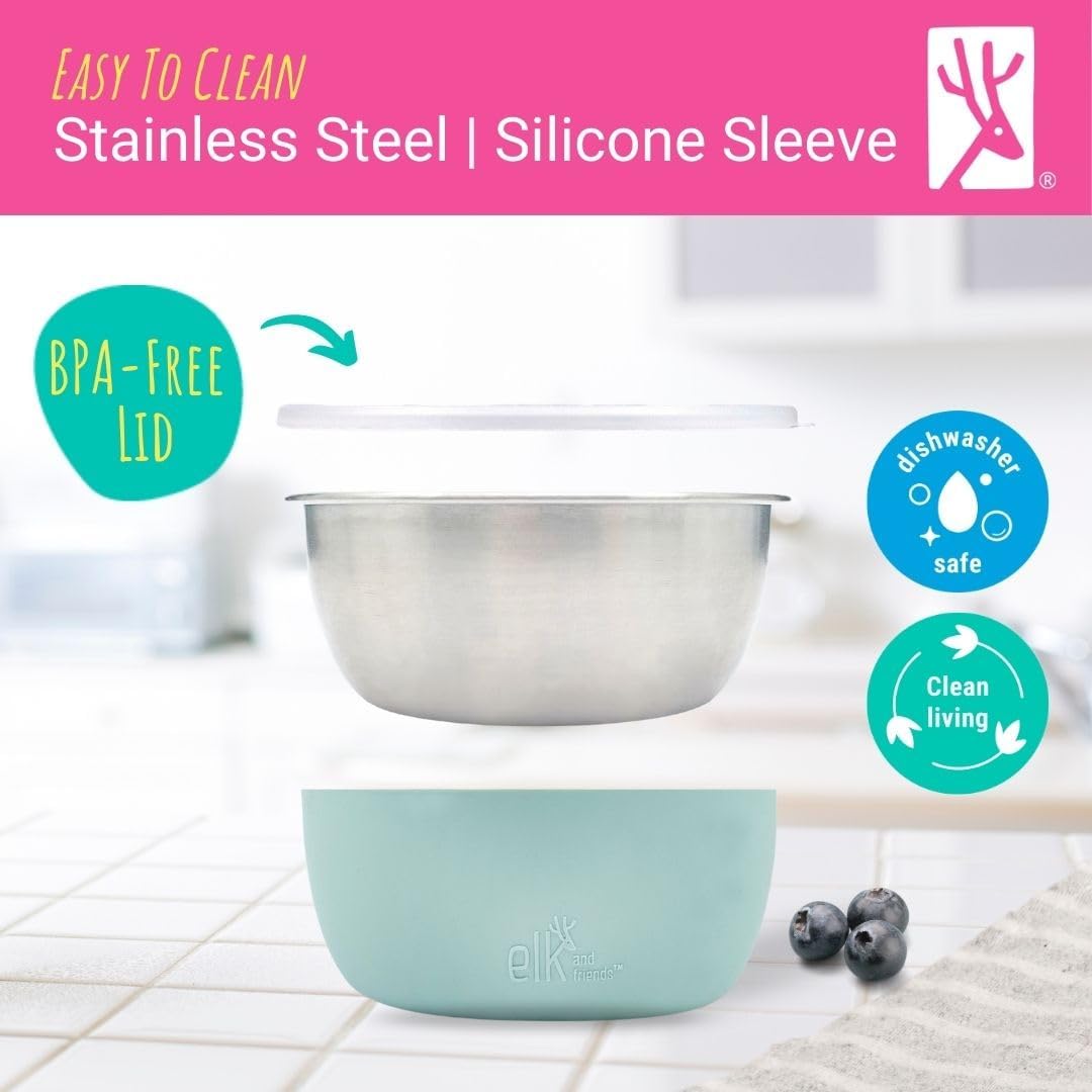 Elk and Friends silicone sleeves provide grip on slippery surfaces during snacks.